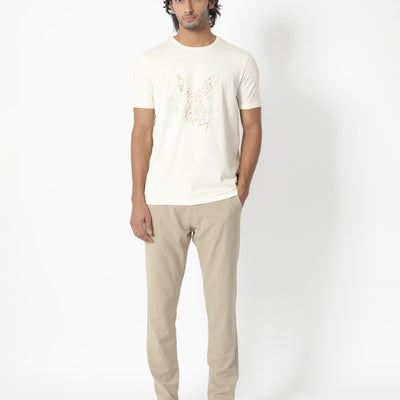 Rare Rabbit Men's Kerwin Beige Crew Neck HD Print Logo on Chest Half Sleeves Regular Fit T-Shirt