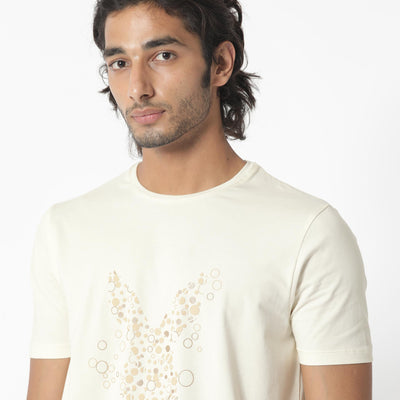 Rare Rabbit Men's Kerwin Beige Crew Neck HD Print Logo on Chest Half Sleeves Regular Fit T-Shirt