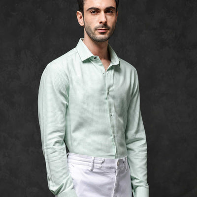 Rare Rabbit Mens Kinate Pastel Green Full Sleeve Solid Houndstooth Check Shirt