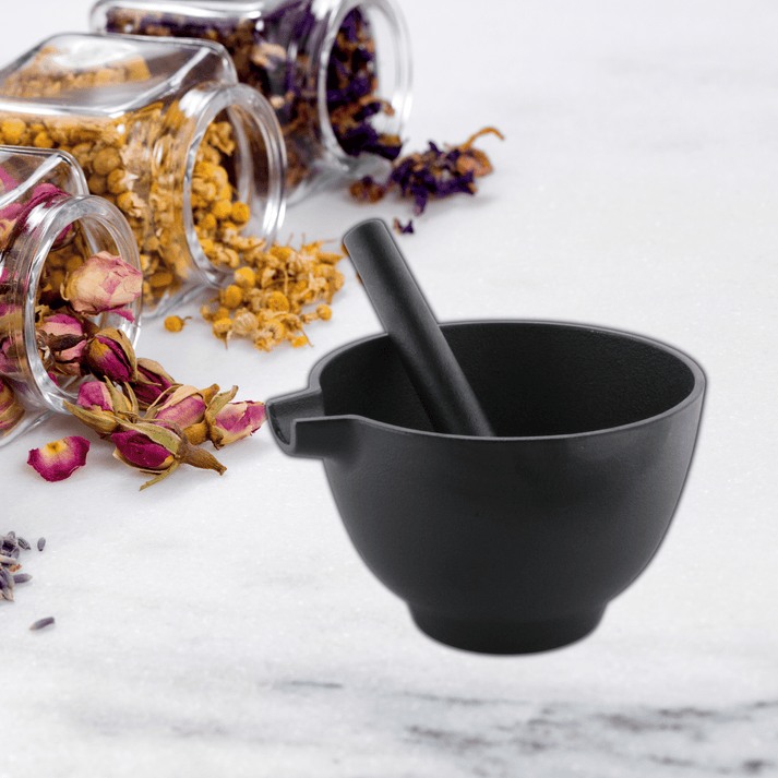 Trilonium Pre-Seasoned Cast Iron Khal batta | Mortar and Pestle - Herbs and spice masher | Black