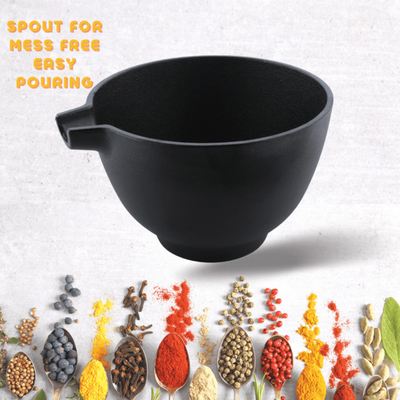 Trilonium Pre-Seasoned Cast Iron Khal batta | Mortar and Pestle - Herbs and spice masher | Black