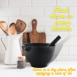 Trilonium Pre-Seasoned Cast Iron Khal batta | Mortar and Pestle - Herbs and spice masher | Black