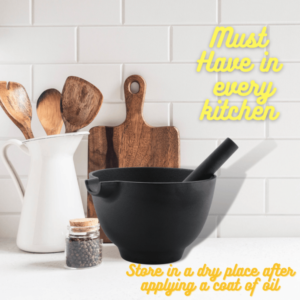 Trilonium Pre-Seasoned Cast Iron Khal batta | Mortar and Pestle - Herbs and spice masher | Black