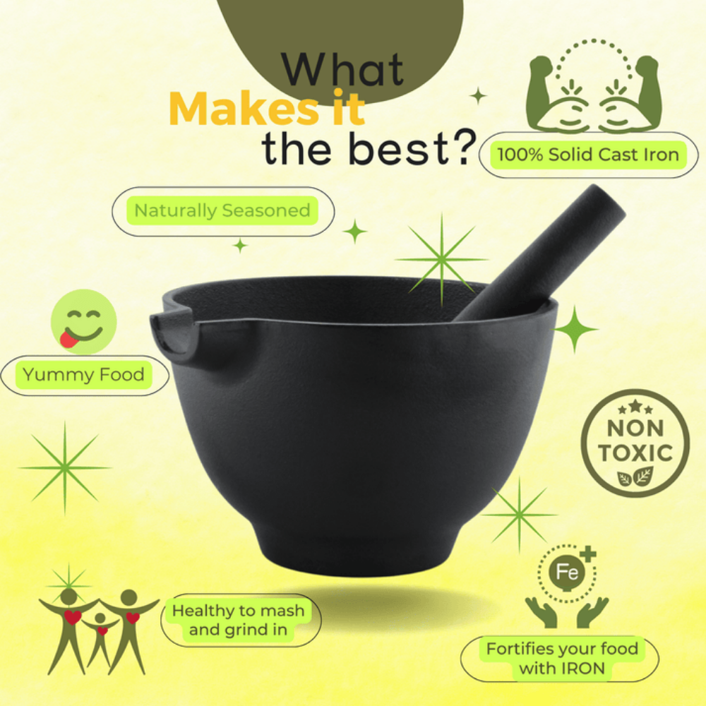 Trilonium Pre-Seasoned Cast Iron Khal batta | Mortar and Pestle - Herbs and spice masher | Black