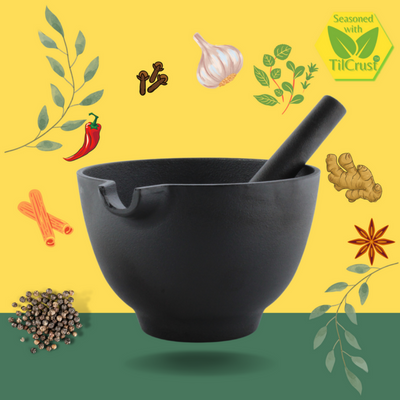 Trilonium Pre-Seasoned Cast Iron Khal batta | Mortar and Pestle - Herbs and spice masher | Black