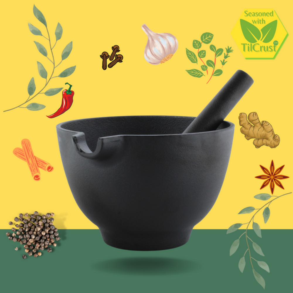 Trilonium Pre-Seasoned Cast Iron Khal batta | Mortar and Pestle - Herbs and spice masher | Black