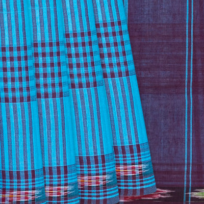 Light Blue Handloom Kadapa Cotton Saree With Checks-Light Blue