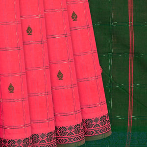Dark Peach Handloom Kadapa Cotton Saree With Checks And Butta-Dark Peach