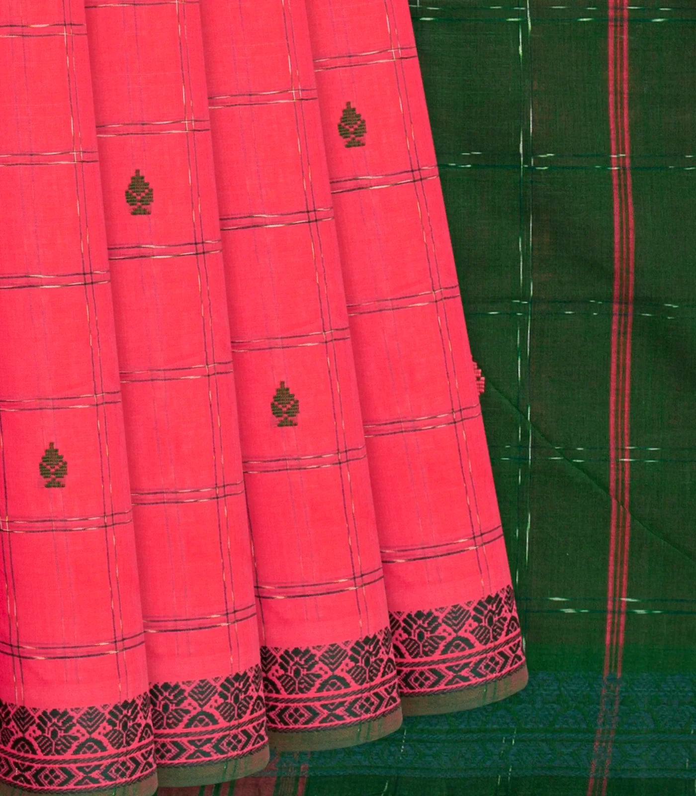 Dark Peach Handloom Kadapa Cotton Saree With Checks And Butta-Dark Peach