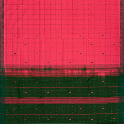 Dark Peach Handloom Kadapa Cotton Saree With Checks And Butta-Dark Peach