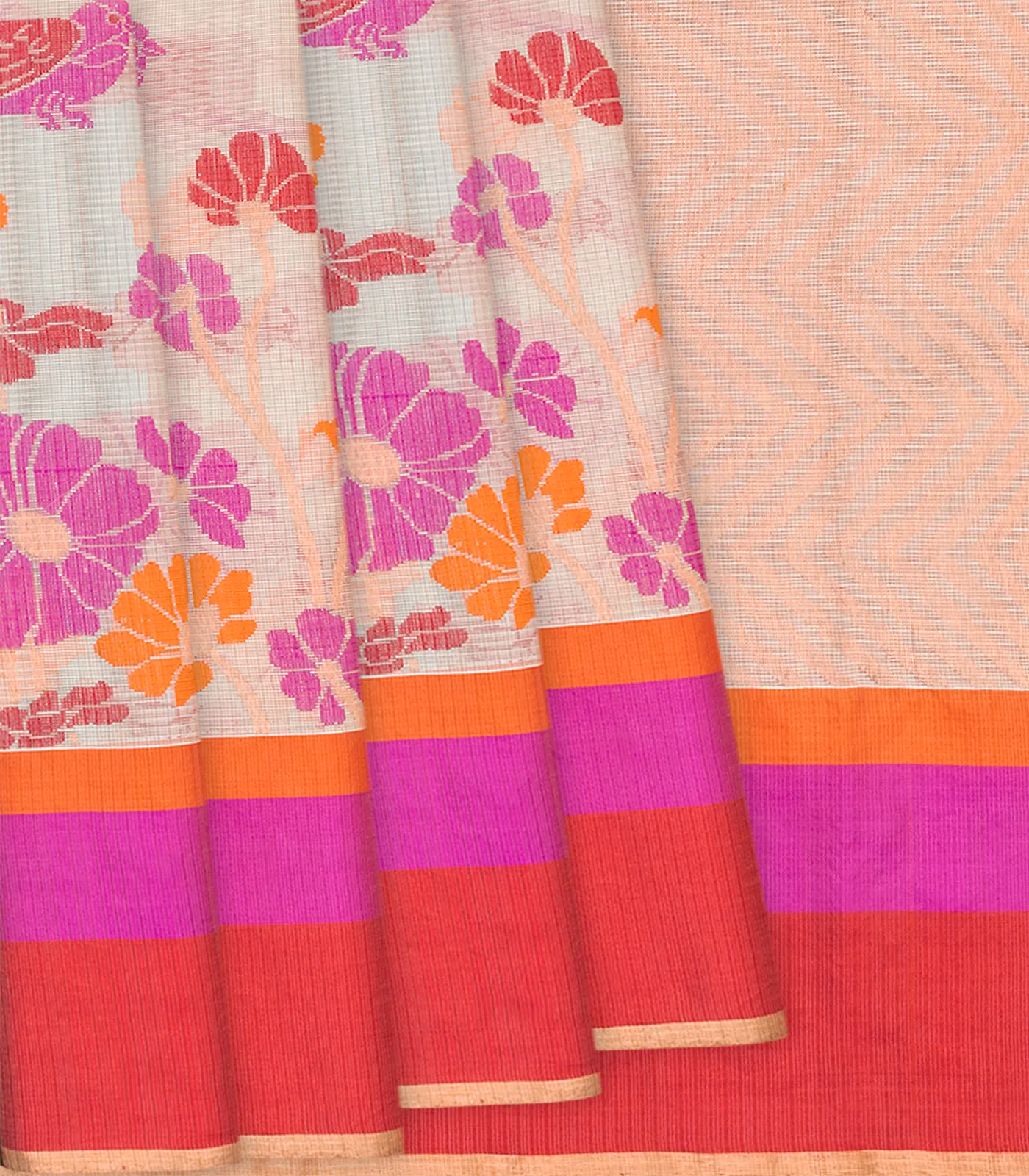 Beige Handloom Kota Silk Saree With Meenakari Bird Motifs-Beige