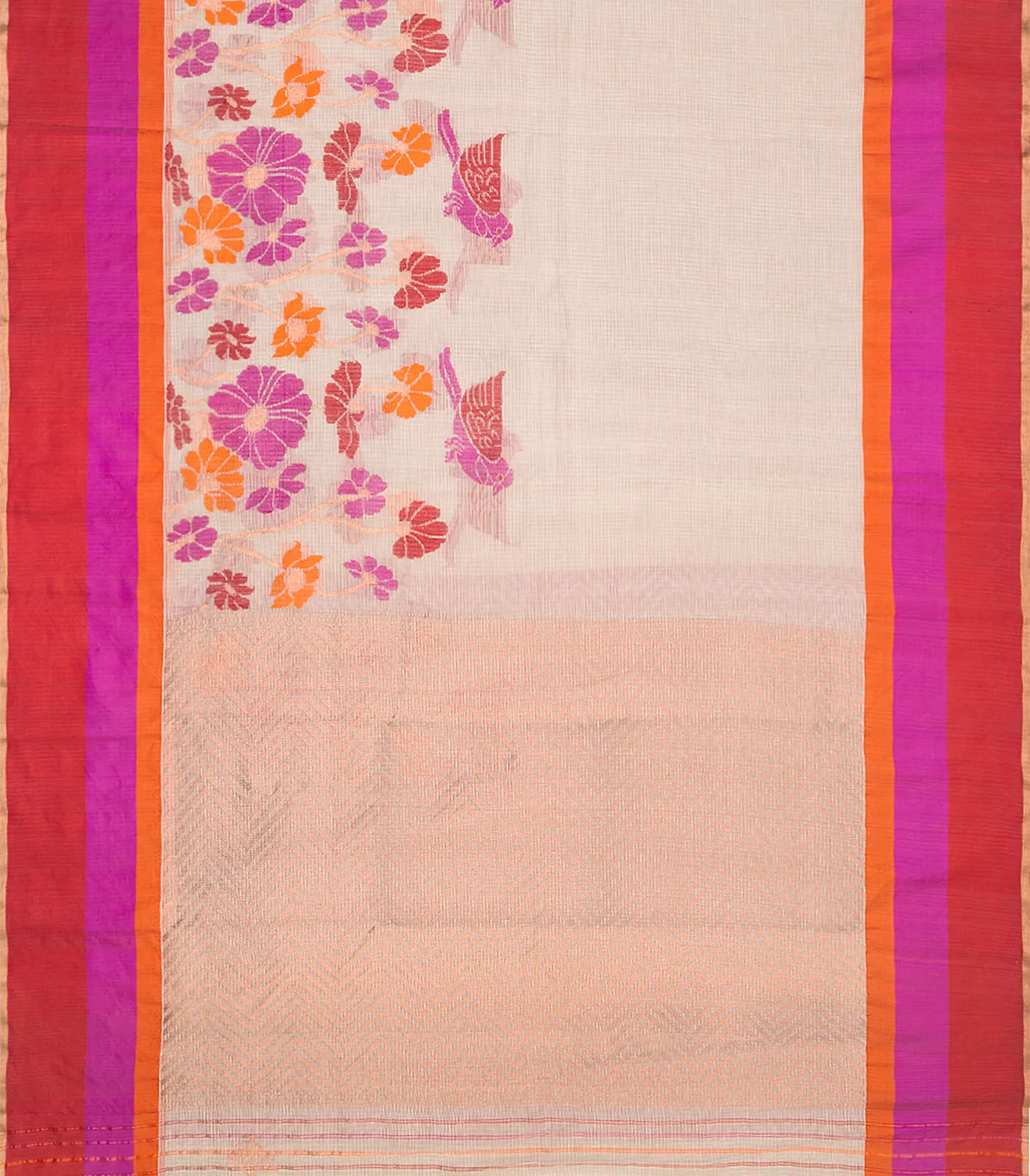 Beige Handloom Kota Silk Saree With Meenakari Bird Motifs-Beige