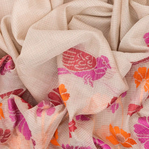Beige Handloom Kota Silk Saree With Meenakari Bird Motifs-Beige
