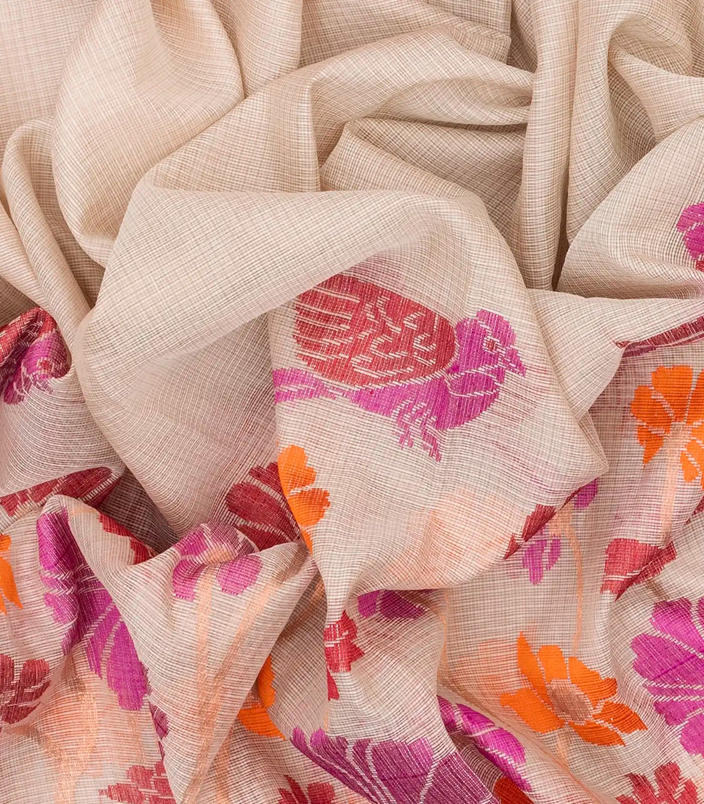 Beige Handloom Kota Silk Saree With Meenakari Bird Motifs-Beige