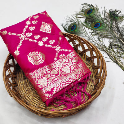 Majestic Dark Pink Pure Banarasi Silk Saree With Whimsical Blouse Piece