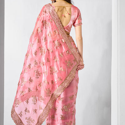 Embroidered Embellished Organza Saree With Blouse Piece