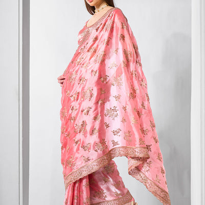 Embroidered Embellished Organza Saree With Blouse Piece