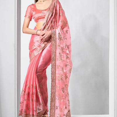 Embroidered Embellished Organza Saree With Blouse Piece