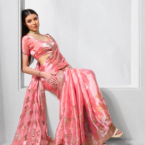 Embroidered Embellished Organza Saree With Blouse Piece
