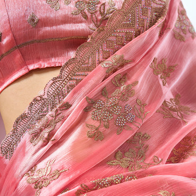 Embroidered Embellished Organza Saree With Blouse Piece