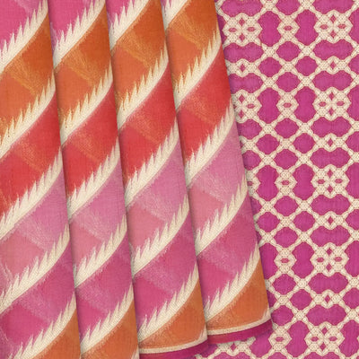 Pink Handwoven Banarasi Rangkat Organza  Silk Saree With Diagonal Stripes-Pink
