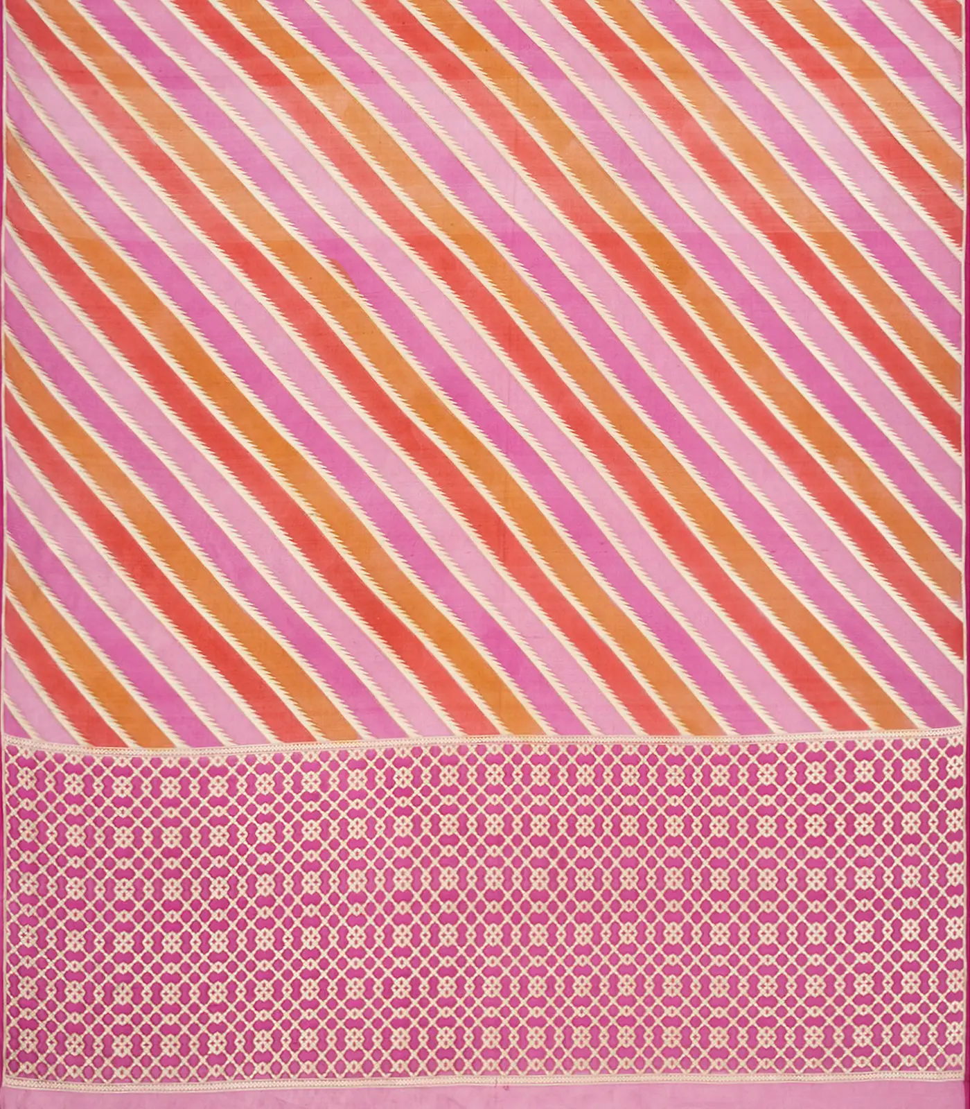 Pink Handwoven Banarasi Rangkat Organza  Silk Saree With Diagonal Stripes-Pink