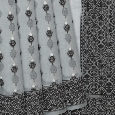 Grey Handwoven Banarasi Organza Silk Saree With Floral Motifs-Grey