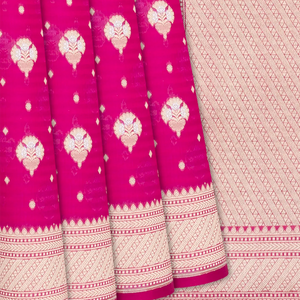 Hot Pink Handwoven Banarasi Organza Silk Saree With Floral Motifs-Hot Pink