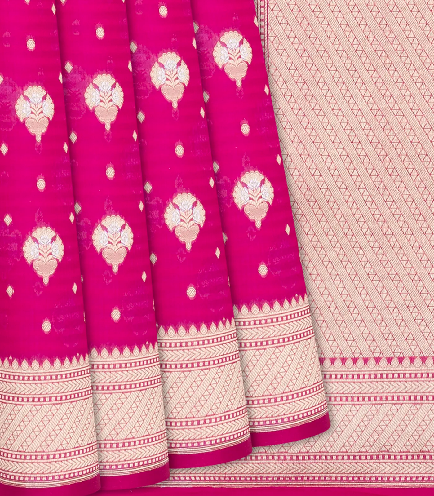 Hot Pink Handwoven Banarasi Organza Silk Saree With Floral Motifs-Hot Pink