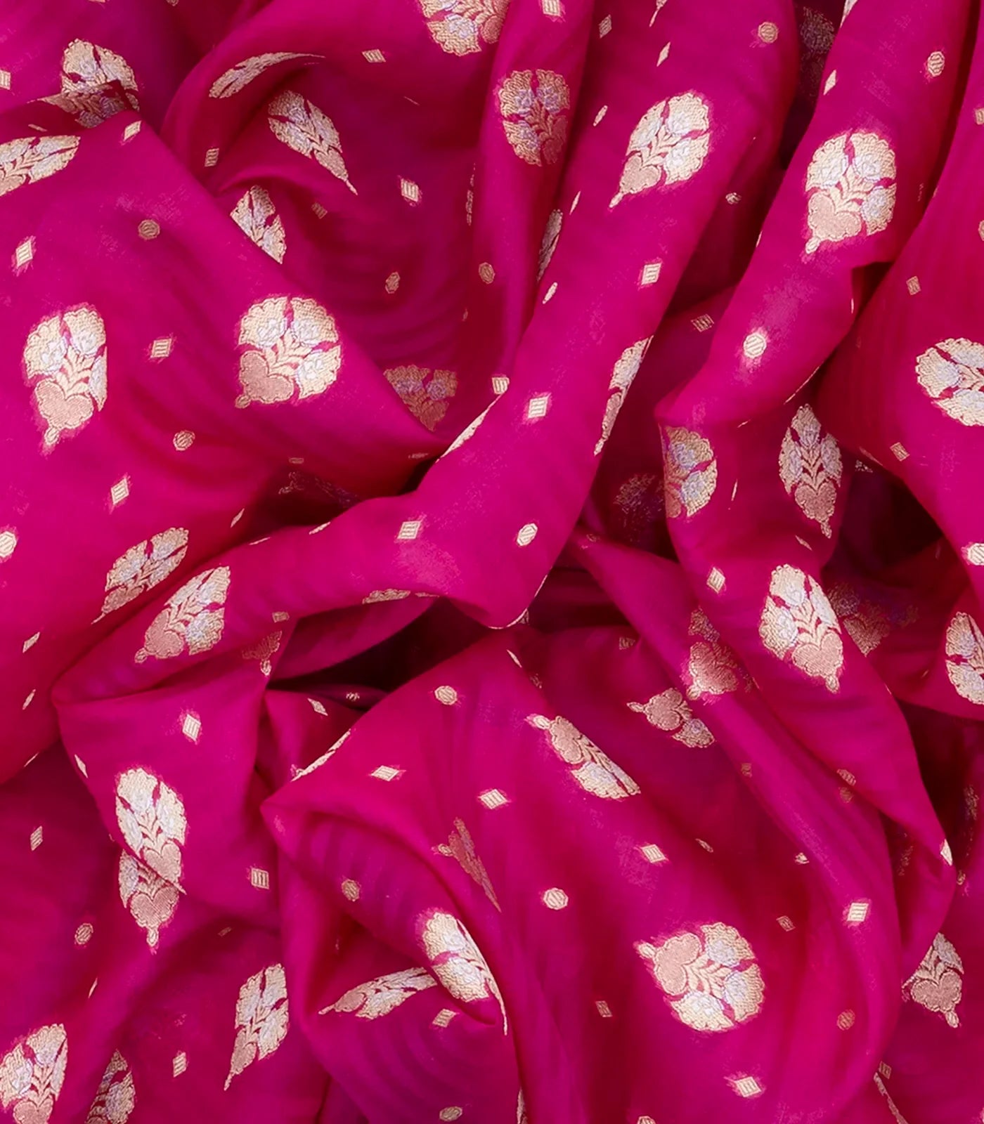 Hot Pink Handwoven Banarasi Organza Silk Saree With Floral Motifs-Hot Pink