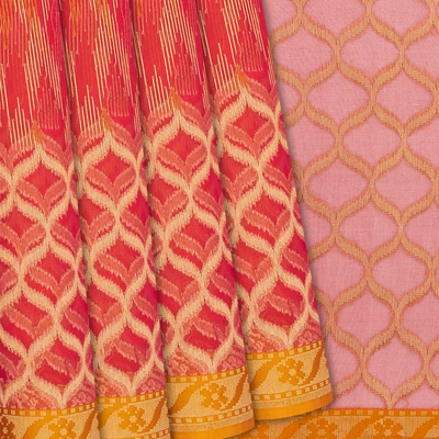 Red Handwoven Banarasi Organza  Silk Saree With Chevron Motifs-Red