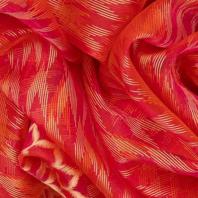 Red Handwoven Banarasi Organza  Silk Saree With Chevron Motifs-Red