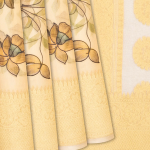 Cream Handwoven Banarasi Oganza Silk Saree With Printed Floral Motifs-Cream