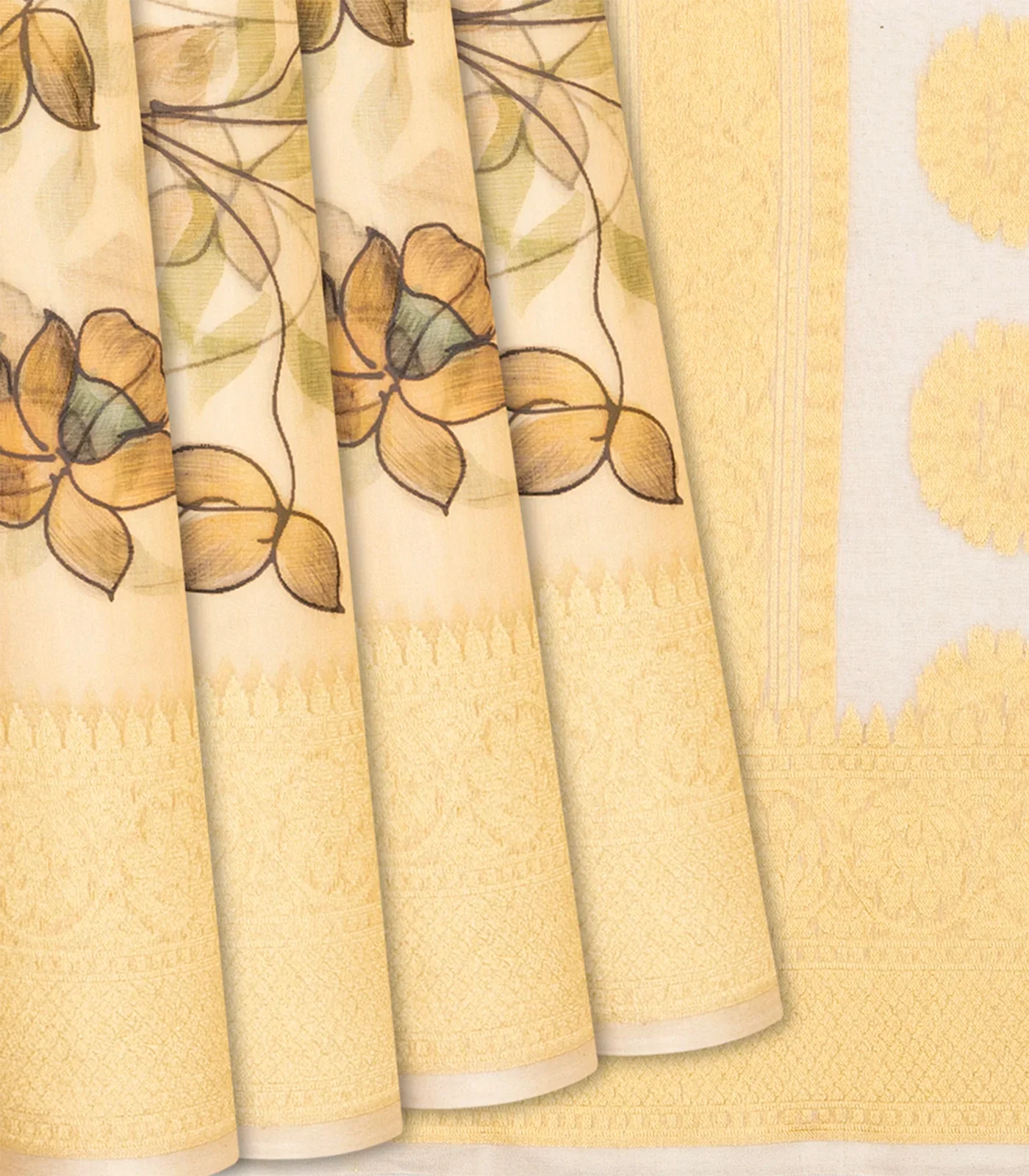 Cream Handwoven Banarasi Oganza Silk Saree With Printed Floral Motifs-Cream