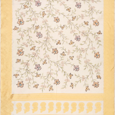 Cream Handwoven Banarasi Oganza Silk Saree With Printed Floral Motifs-Cream