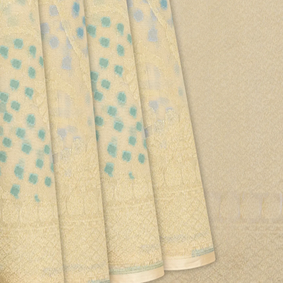 Cream Handwoven Banarasi Organza Silk Saree With Floral Motifs-Cream