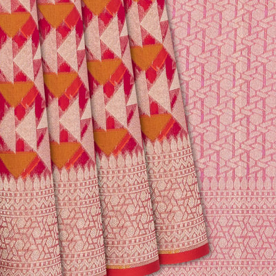 Pink Handwoven Banarasi Organza Silk Saree With Triangle Motifs-Pink