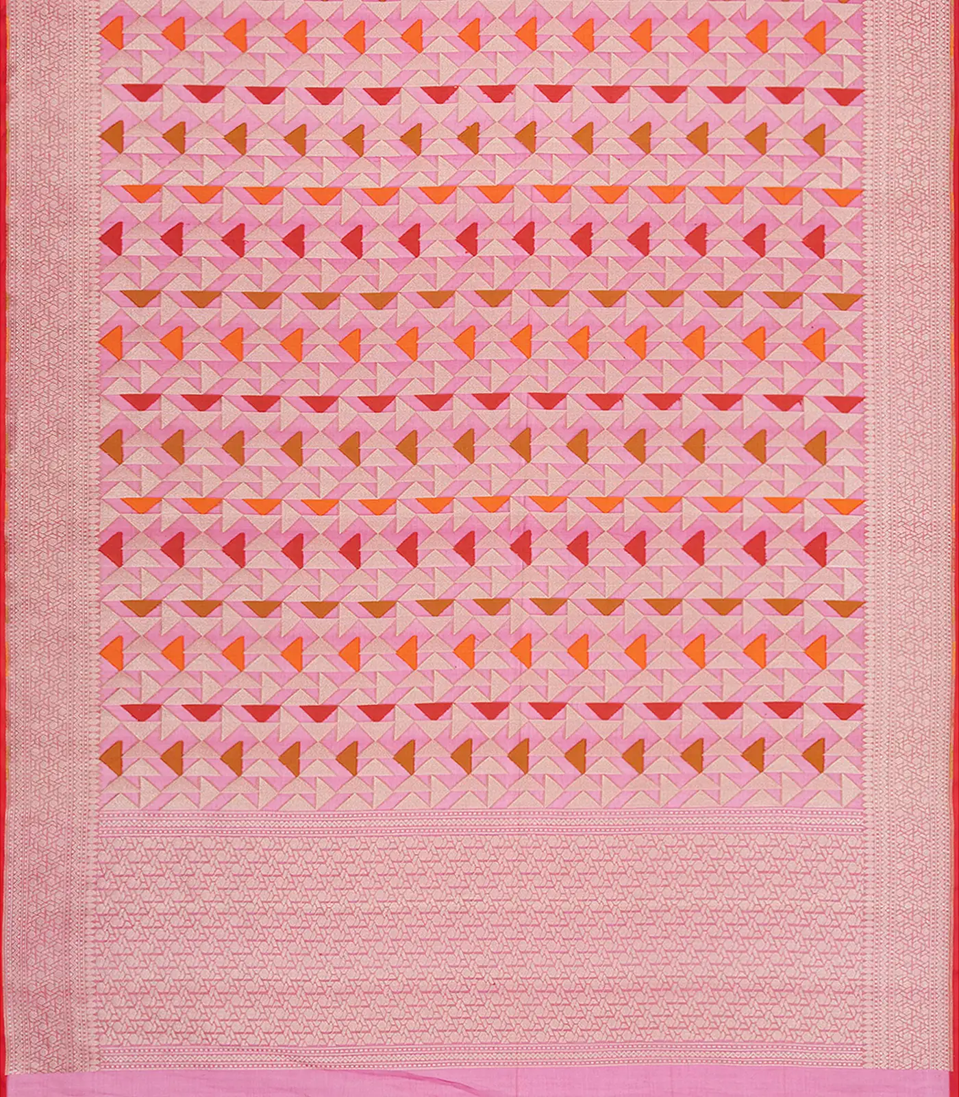 Pink Handwoven Banarasi Organza Silk Saree With Triangle Motifs-Pink
