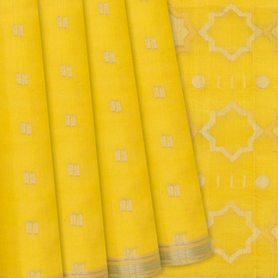Yellow Handloom Organza Silk Saree With Square Motifs-Yellow