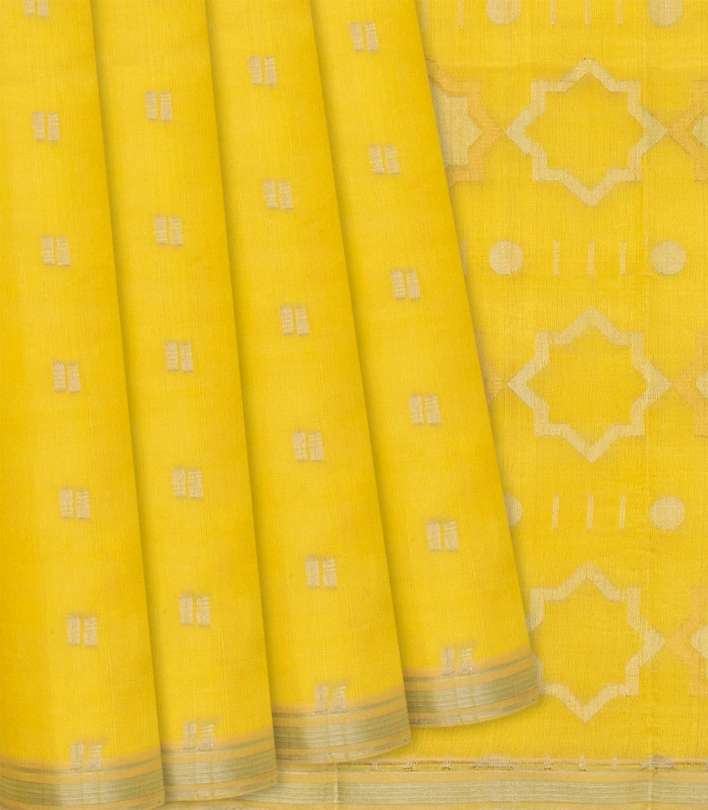 Yellow Handloom Organza Silk Saree With Square Motifs-Yellow