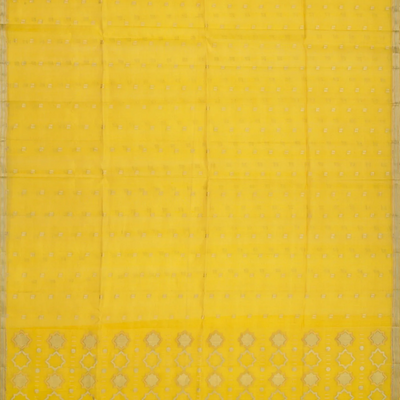 Yellow Handloom Organza Silk Saree With Square Motifs-Yellow