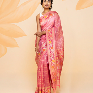 Dusty Pink Handloom Organza Silk Saree With Checks-Dusty Pink