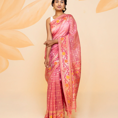 Dusty Pink Handloom Organza Silk Saree With Checks-Dusty Pink
