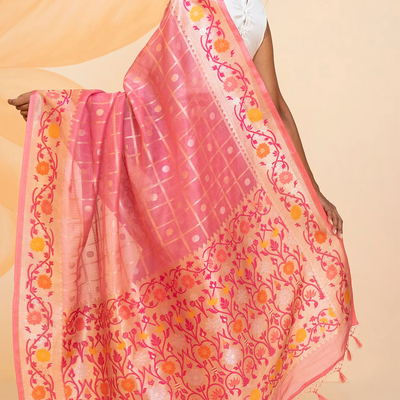 Dusty Pink Handloom Organza Silk Saree With Checks-Dusty Pink