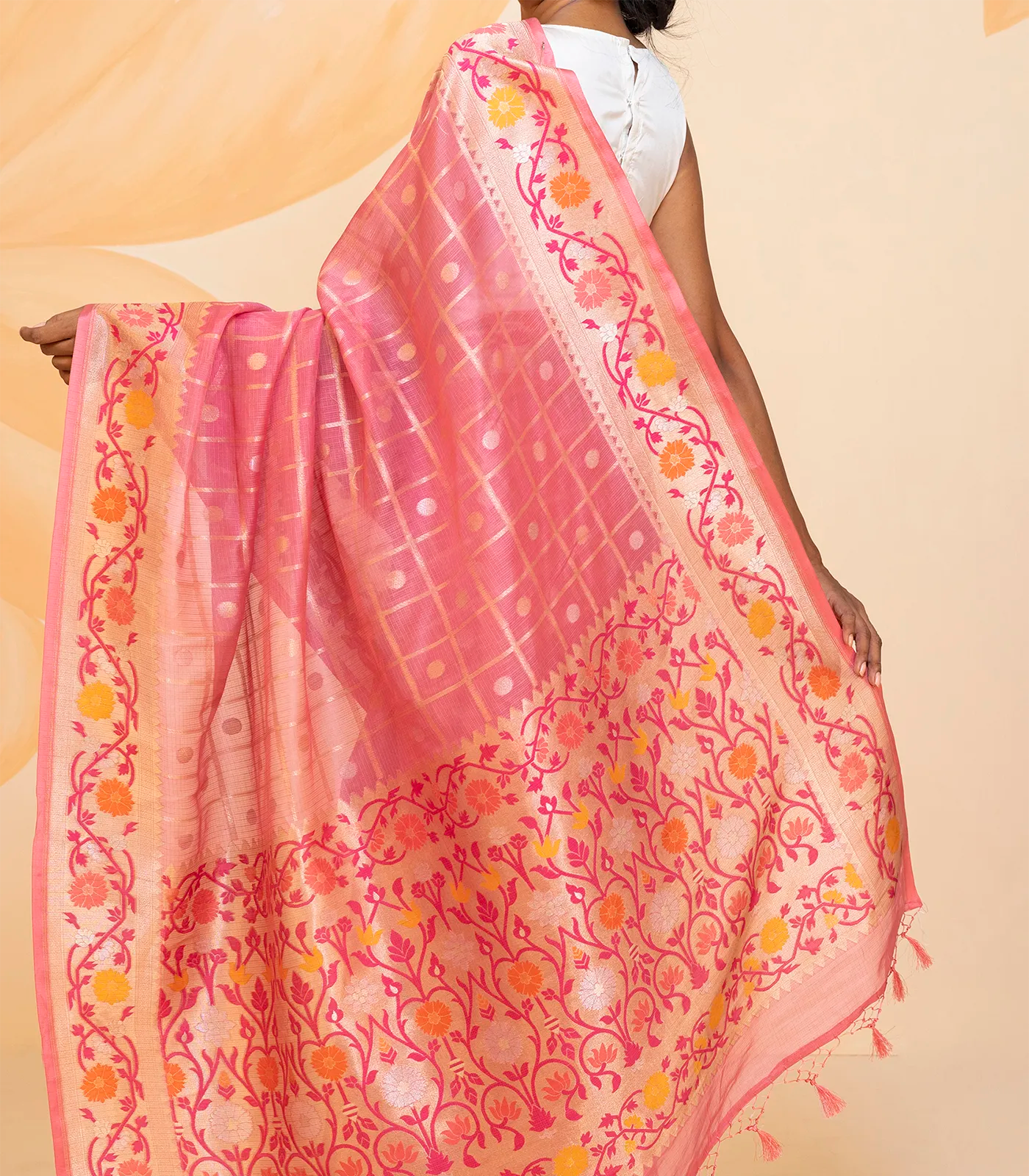 Dusty Pink Handloom Organza Silk Saree With Checks-Dusty Pink