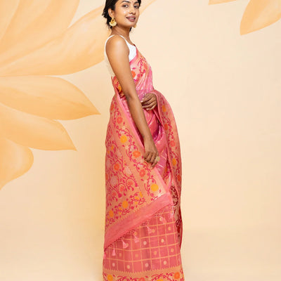 Dusty Pink Handloom Organza Silk Saree With Checks-Dusty Pink