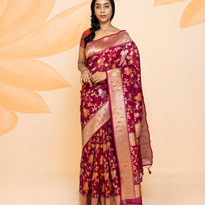 Pink Handloom Organza Silk Saree With Floral Vine Motifs-Pink