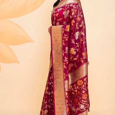 Pink Handloom Organza Silk Saree With Floral Vine Motifs-Pink