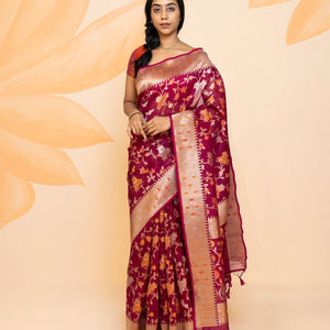 Pink Handloom Organza Silk Saree With Floral Vine Motifs-Pink