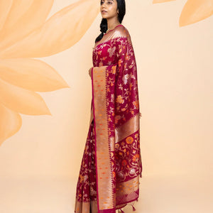 Pink Handloom Organza Silk Saree With Floral Vine Motifs-Pink